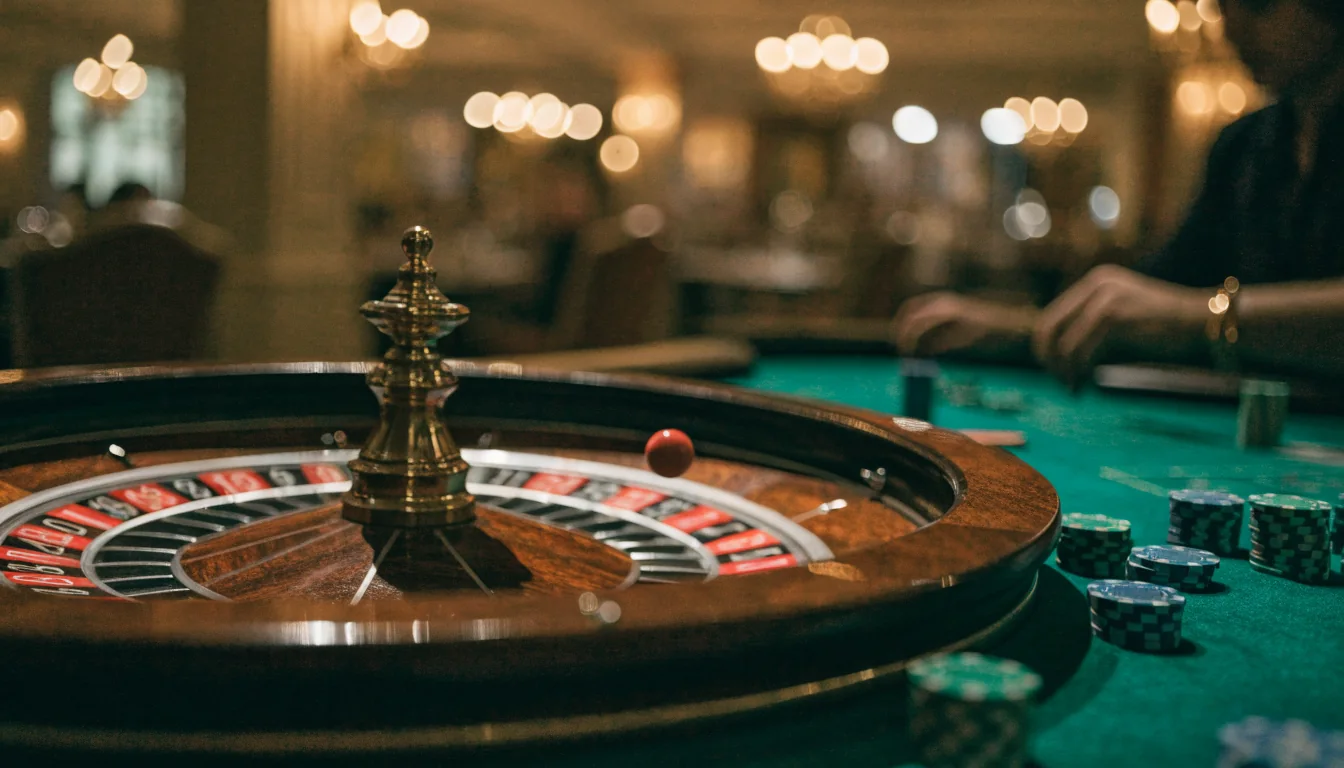 Klasični kotač za rulet na zelenom stolu s žetonima u elegantnom casinu