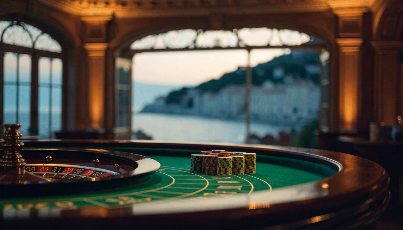 Elegantno hrvatsko kazino interijera s roulette stolom i pogledom na more