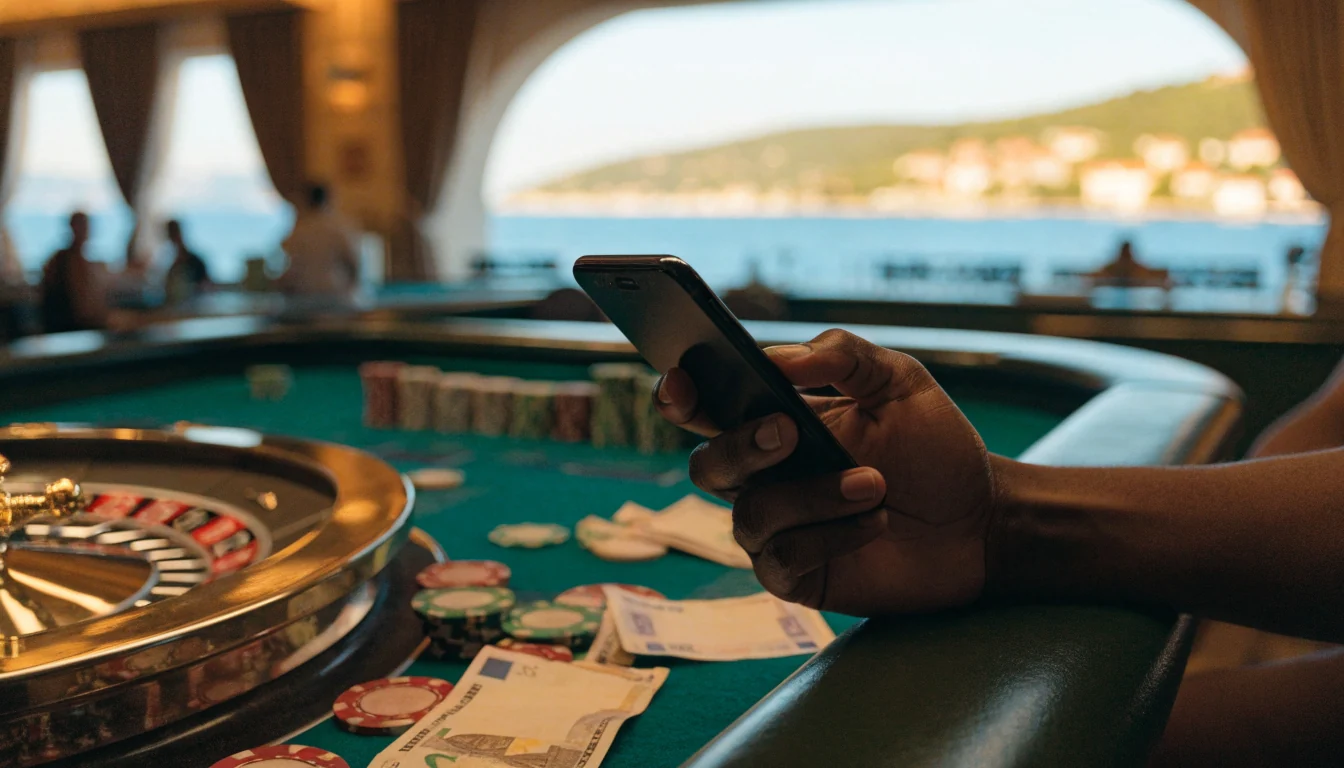 Luksuzni casino interijer s pametnim telefonom, čipovima i pogledom na hrvatsku obalu