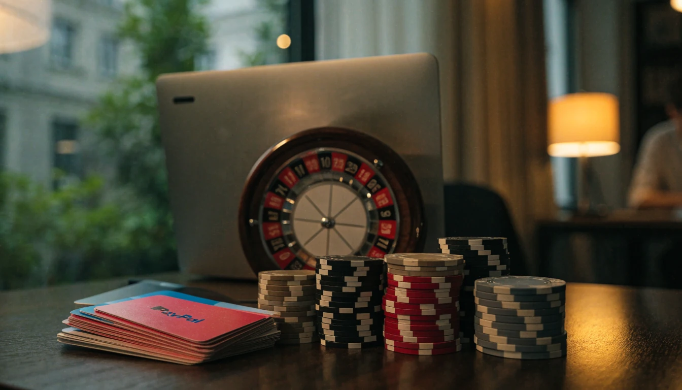 PayPal kartice uz poker čipove i zatvoreni rulet na stolu