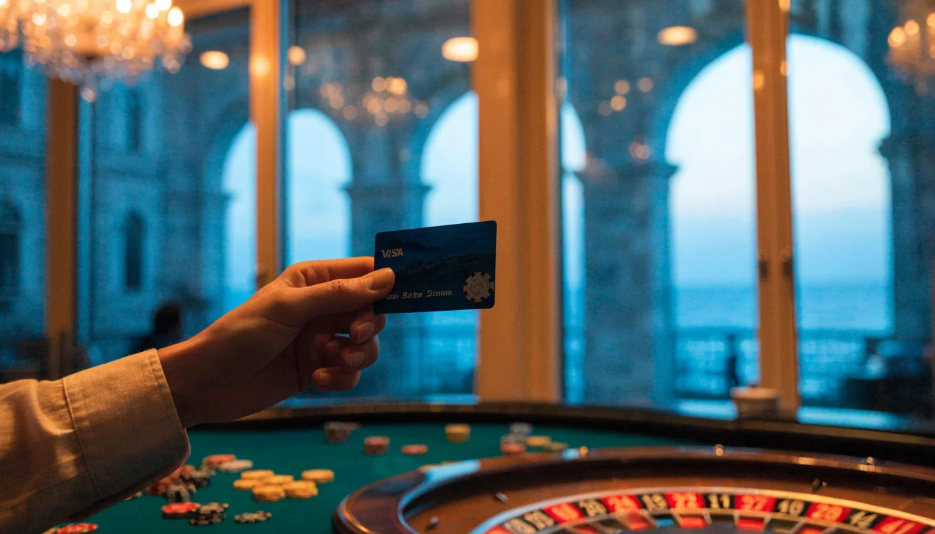 Elegantna ruka drži platnu karticu uz stol za rulet u hrvatskom casinu