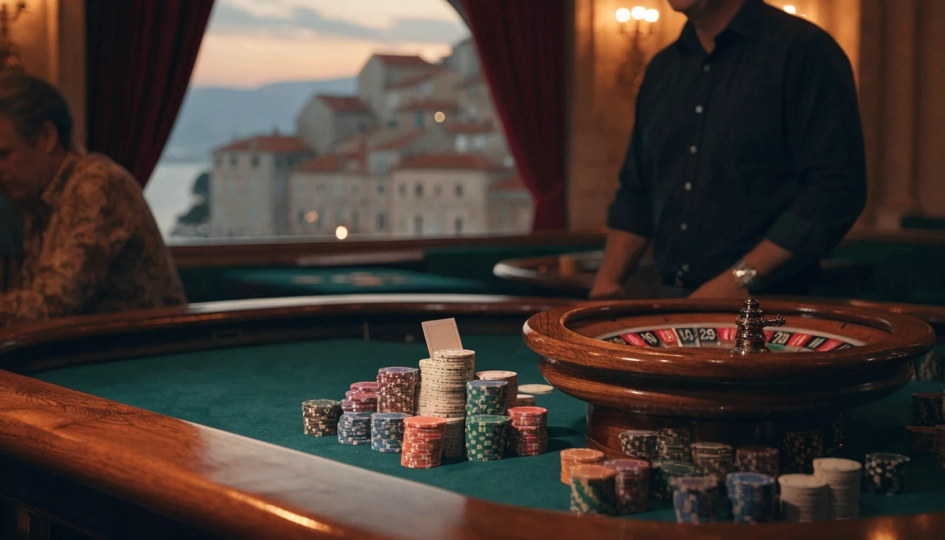 Elegantni casino stol s ruletom i žetonima uz pogled na hrvatsku obalu