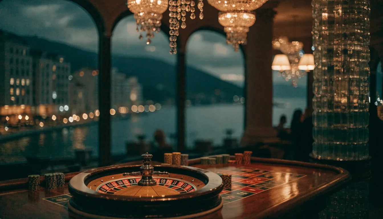 Luksuzni casino interijer noću s ruletom i žetonima