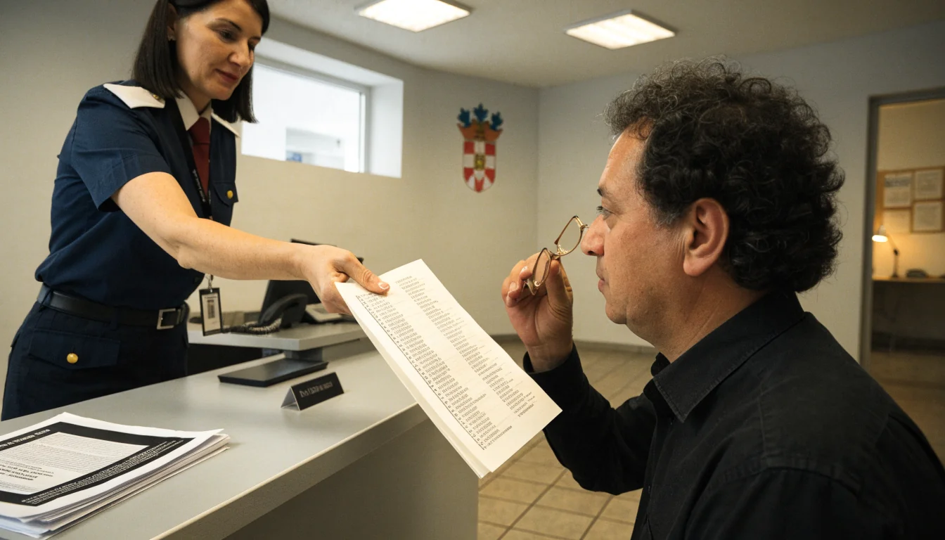 Službenik na šalteru Porezne uprave uručuje popis priređivača posjetitelju.