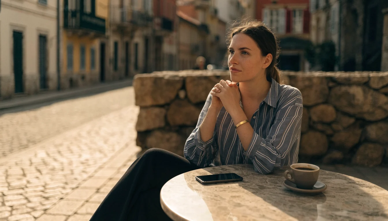 Žena na kavskoj terasi mirno odlučuje zatvoriti stranicu i nastaviti dalje.