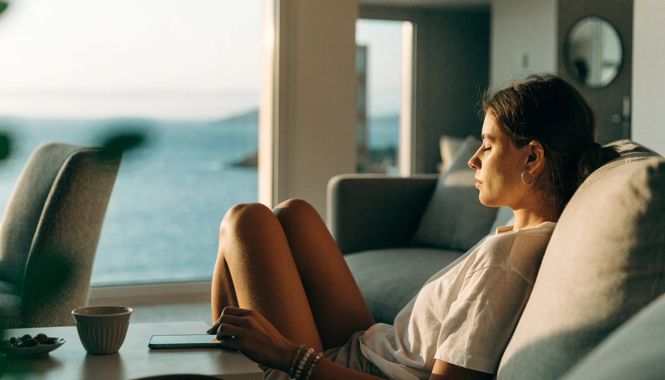 Žena u dnevnom boravku uz smartphone na stoliću za kavu, mediteranska atmosfera