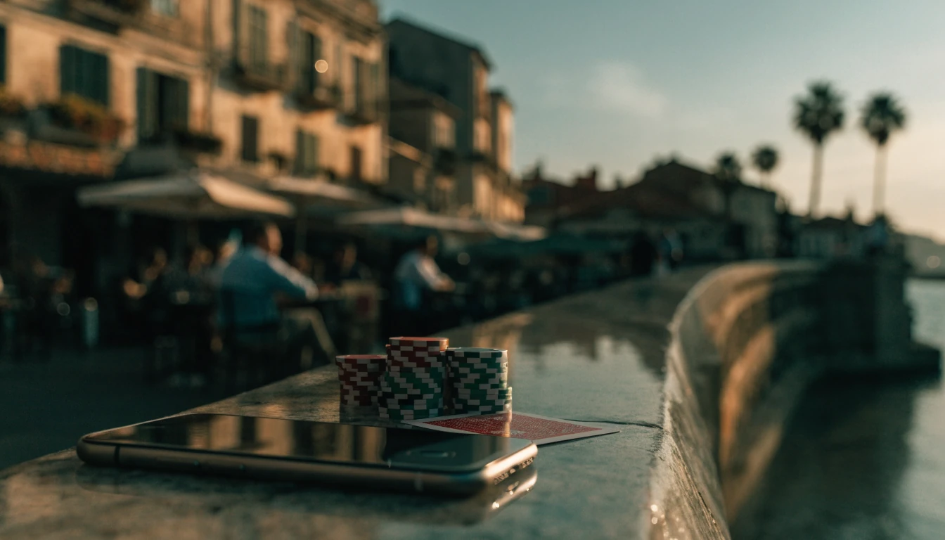 Hrvatska obala s pametnim telefonom i žetonima za casino
