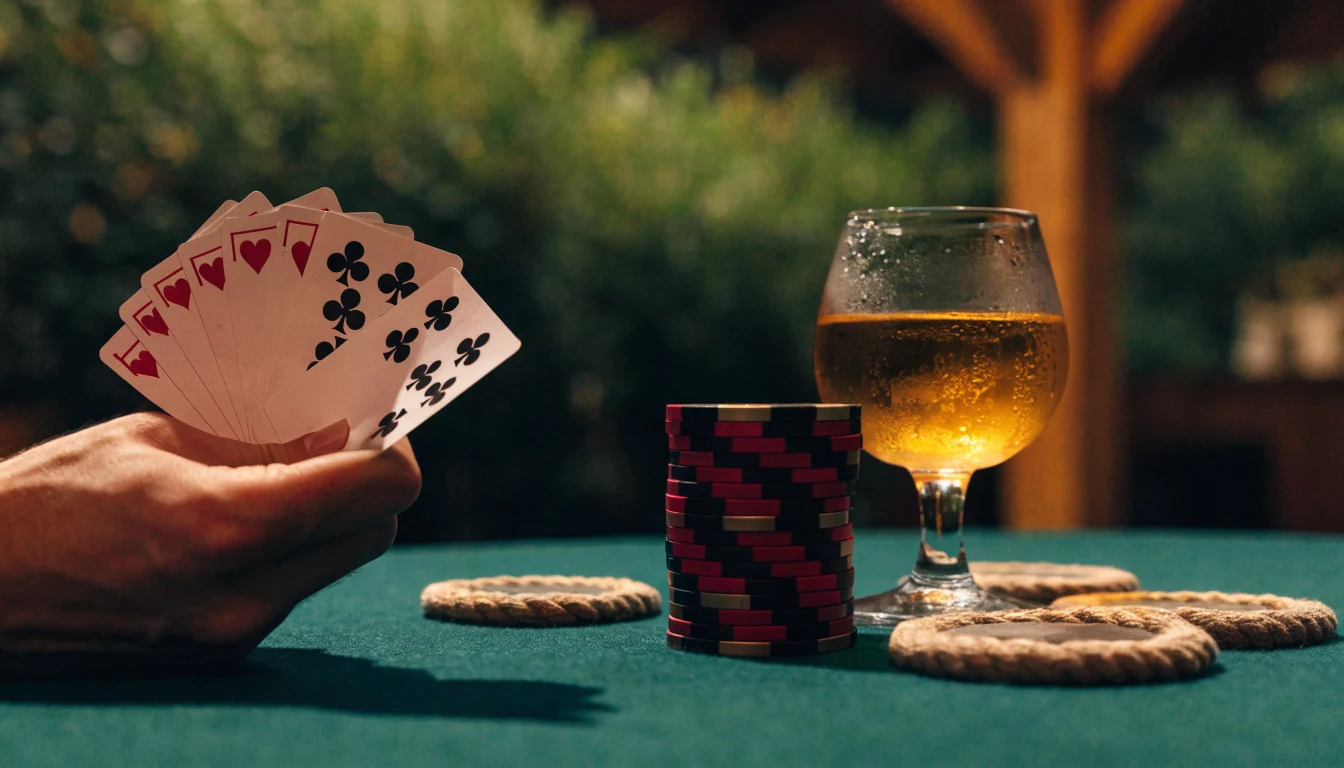 Ruka blackjack karata s hrpom žetona na zelenom stolu uz čašu rakije