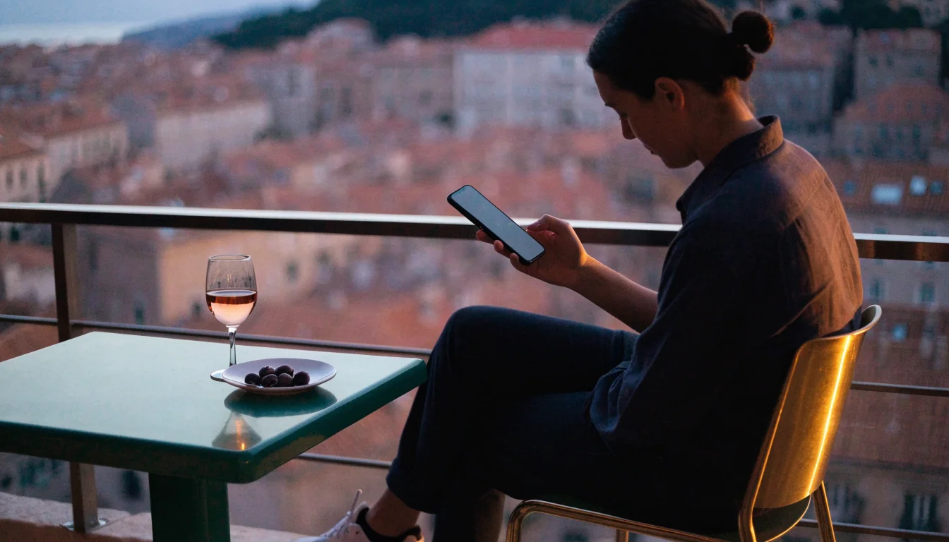 Osoba na terasi u Dubrovniku s pametnim telefonom navečer