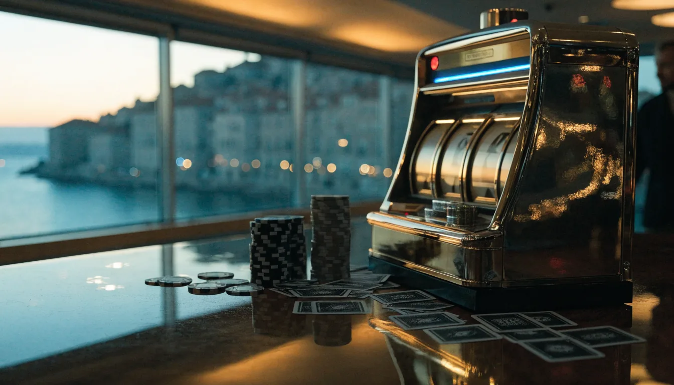 Sjajni automat za igre u luksuznom casinu s pogledom na hrvatsku obalu